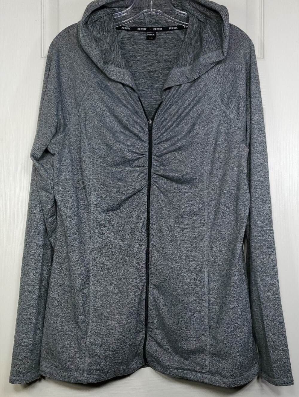 RBX Grey Heathered Ruched Zip Up Sweatshirt Jacket with Hood Women's Size Large